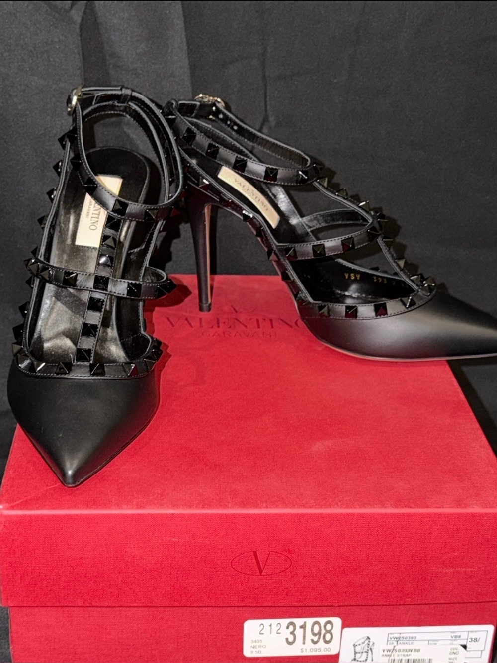 Authentic Valentino Black Rockstud Pointed T-Strap Pumps